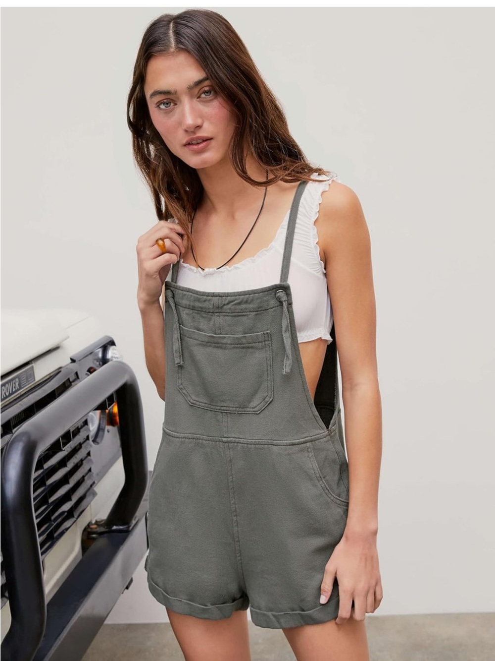 Cider Olive Green Short Denim Overalls